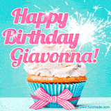 A festive cupcake with pink icing, a gingham bow, and a lit animated sparkler, paired with 'Happy Birthday Giavonna!' in bright pink text.