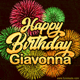 Golden text reading 'Happy Birthday Giavonna' surrounded by vibrant fireworks in red, green, and yellow, set against a dark background in this celebratory birthday GIF.