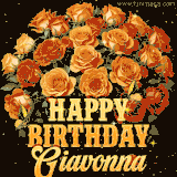 Animated bouquet of orange roses with moving butterfles and golden 'Happy Birthday Giavonna' text, surrounded by sparkling accents and a dark backdrop for a luxurious feel.