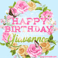 A charming animated GIF featuring 'Happy Birthday Giavonna' in pink and green text, surrounded by delicate roses, leaves, and fluttering butterflies on a soft light blue pastel background.