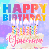 A vibrant animated name GIF with the words 'Happy Birthday Giavonna' with colorful candles on a creamy cake. The background sparkles with pastel shades, adding a festive touch.