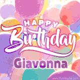 A vibrant name GIF featuring colorful balloons in shades of pink, orange, and yellow with the bold text 'Happy Birthday Giavonna' in festive fonts, creating a lively birthday vibe.