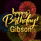 A vibrant display of multicolor fireworks with the text 'Happy Birthday Gibson' written in gold, glowing beautifully in front of the explosive background.