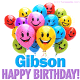 An animated birthday-themed name GIF with colorful smiling balloons and bold 'Gibson, Happy Birthday!' text for a celebratory touch.