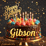 Sparkly golden star background with a detailed chocolate drip cake and the name Gibson on the front.