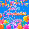 A vibrant animated GIF with 'Feliz Cumpleaños Gideon' written in colorful script, surrounded by balloons, confetti, and bunting on a bright blue background.