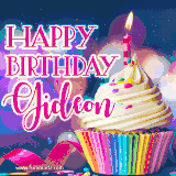 A festive animated GIF featuring a colorful cupcake with a single lit candle, sprinkles, and 'Happy Birthday Gideon' text against a sparkling, celebratory background.