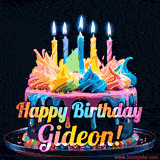 A vibrant animated GIF featuring a colorful rotating birthday cake with bright frosting swirls, glowing candles, and the text 'Happy Birthday Gideon!' in rainbow colors.