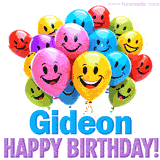 An animated birthday-themed name GIF with colorful smiling balloons and bold 'Gideon, Happy Birthday!' text for a celebratory touch.