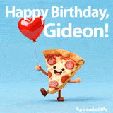 A smiling slice of pizza holding a red balloon for Gideon's birthday celebration