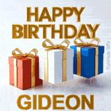 Clean and modern 3D design wishing Happy Birthday to Gideon with three colorful bouncing gift packages casting shadows on a white surface