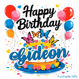 Brightly colored butterflies and little flower decorations on a white drip cake, designed as a birthday GIF for Gideon.