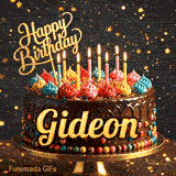 Elegant birthday GIF showing a rich chocolate cake on a gold stand, topped with colorful icing and lit candles for Gideon.