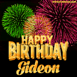 A captivating GIF with bursts of green, pink, and orange fireworks lighting up the night sky, accompanied by 'Happy Birthday Gideon' in glowing golden text.