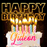 A vibrant animated GIF featuring a delicious birthday cake topped with glowing candles and the name 'Gideon' in elegant script, and the words 'Happy Birthday' on the black background.