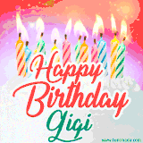 Bright birthday candles with rainbow flames on a cake, alongside the text 'Happy Birthday Gigi' in vibrant script in this celebratory animated GIF.