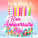 A white birthday cake covered in colorful sprinkles, topped with bright candles, and French text 'Bon Anniversaire Gigi' on a pastel gradient background in an animated GIF.