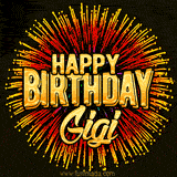 Golden 'Happy Birthday Gigi' text accompanied by animated rainbow fireworks for a festive animated greeting.