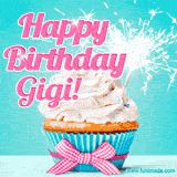 A festive cupcake with pink icing, a gingham bow, and a lit animated sparkler, paired with 'Happy Birthday Gigi!' in bright pink text.