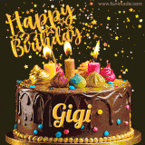 A delightful chocolate birthday cake with bright candles and 'Happy Birthday Gigi' written in gold amidst a shower of animated stars.