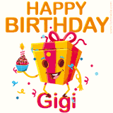 A vibrant and funny gift box character with a happy face dancing with a cupcake and the text 'Happy Birthday Gigi,' surrounded by animated confetti and party vibes.