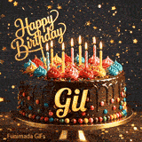 Happy Birthday Gil animated GIF featuring a chocolate drip cake with colorful frosting dollops and glowing candles.
