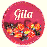Beautifully decorated red velvet berry birthday cake with vibrant fruits and a glowing 'Gila' name, adding a touch of sweetness and sparkle.