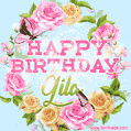A charming animated GIF featuring 'Happy Birthday Gila' in pink and green text, surrounded by delicate roses, leaves, and fluttering butterflies on a soft light blue pastel background.