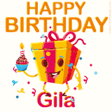 A vibrant and funny gift box character with a happy face dancing with a cupcake and the text 'Happy Birthday Gila,' surrounded by animated confetti and party vibes.