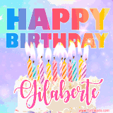 A vibrant animated name GIF with the words 'Happy Birthday Gilaberte' with colorful candles on a creamy cake. The background sparkles with pastel shades, adding a festive touch.