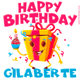 A vibrant and funny gift box character with a happy face dancing with a cupcake and the text 'Happy Birthday Gilaberte,' surrounded by animated confetti and party vibes.