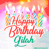 Bright birthday candles with rainbow flames on a cake, alongside the text 'Happy Birthday Gilah' in vibrant script in this celebratory animated GIF.
