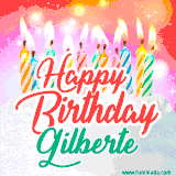 Bright birthday candles with rainbow flames on a cake, alongside the text 'Happy Birthday Gilberte' in vibrant script in this celebratory animated GIF.