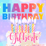 A vibrant animated name GIF with the words 'Happy Birthday Gilberte' with colorful candles on a creamy cake. The background sparkles with pastel shades, adding a festive touch.