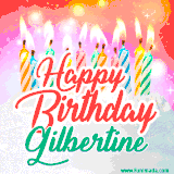 Bright birthday candles with rainbow flames on a cake, alongside the text 'Happy Birthday Gilbertine' in vibrant script in this celebratory animated GIF.