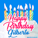 A cheerful animated GIF featuring colorful lit birthday candles on a white cake, with the text 'Happy Birthday Gilberto' in bold red and blue script on a bright blue background.