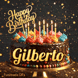 Gilberto's personalized birthday ecard showing a rich chocolate cake decorated with multicolored swirls under sparkling gold stars.