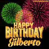 A captivating GIF with bursts of green, pink, and orange fireworks lighting up the night sky, accompanied by 'Happy Birthday Gilberto' in glowing golden text.