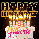 A vibrant animated GIF featuring a delicious birthday cake topped with glowing candles and the name 'Gilberto' in elegant script, and the words 'Happy Birthday' on the black background.