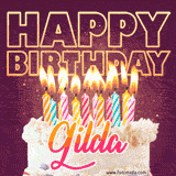 A colorful birthday cake topped with lit candles, with the words 'Happy Birthday Gilda' in bold glowing letters on a burgundy background. Animated flames add a festive touch.