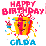 A vibrant and funny gift box character with a happy face dancing with a cupcake and the text 'Happy Birthday Gilda,' surrounded by animated confetti and party vibes.