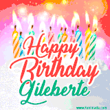 Bright birthday candles with rainbow flames on a cake, alongside the text 'Happy Birthday Gileberte' in vibrant script in this celebratory animated GIF.