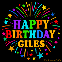 Vibrant animated GIF with 'Happy Birthday Giles' in rainbow-colored text, surrounded by colorful stars and fireworks on a black background.