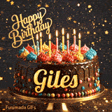 Gourmet chocolate cake with a glittering Happy Birthday sign and burning candles on a dark background and name Giles