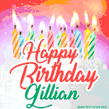 Bright birthday candles with rainbow flames on a cake, alongside the text 'Happy Birthday Gillian' in vibrant script in this celebratory animated GIF.