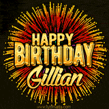 Golden 'Happy Birthday Gillian' text accompanied by animated rainbow fireworks for a festive animated greeting.