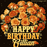 Animated bouquet of orange roses with moving butterfles and golden 'Happy Birthday Gillian' text, surrounded by sparkling accents and a dark backdrop for a luxurious feel.