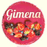 Beautifully decorated red velvet berry birthday cake with vibrant fruits and a glowing 'Gimena' name, adding a touch of sweetness and sparkle.