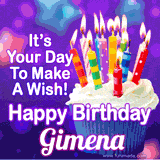 A colorful birthday GIF for Gimena featuring a cupcake with vibrant lit candles and the text 'It's Your Day to Make a Wish! Happy Birthday Gimena' in bold letters on a festive purple background.