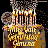 A chocolate birthday cake with glowing candles, the German text 'Alles Gute zum Geburtstag Gimena,' and vibrant fireworks lighting up the background in an animated GIF.